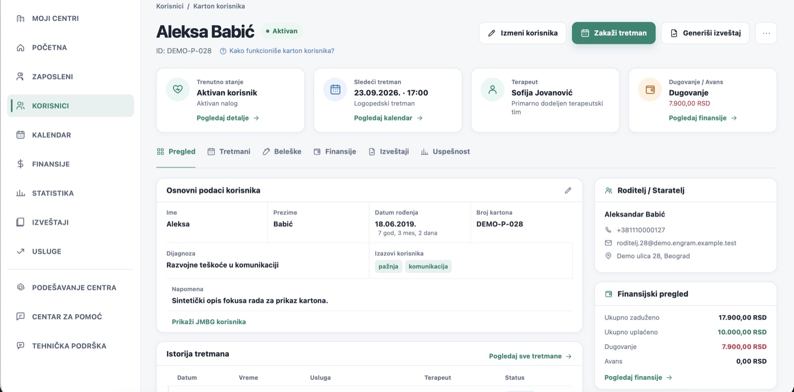 Karton korisnika u Engram Platform aplikaciji